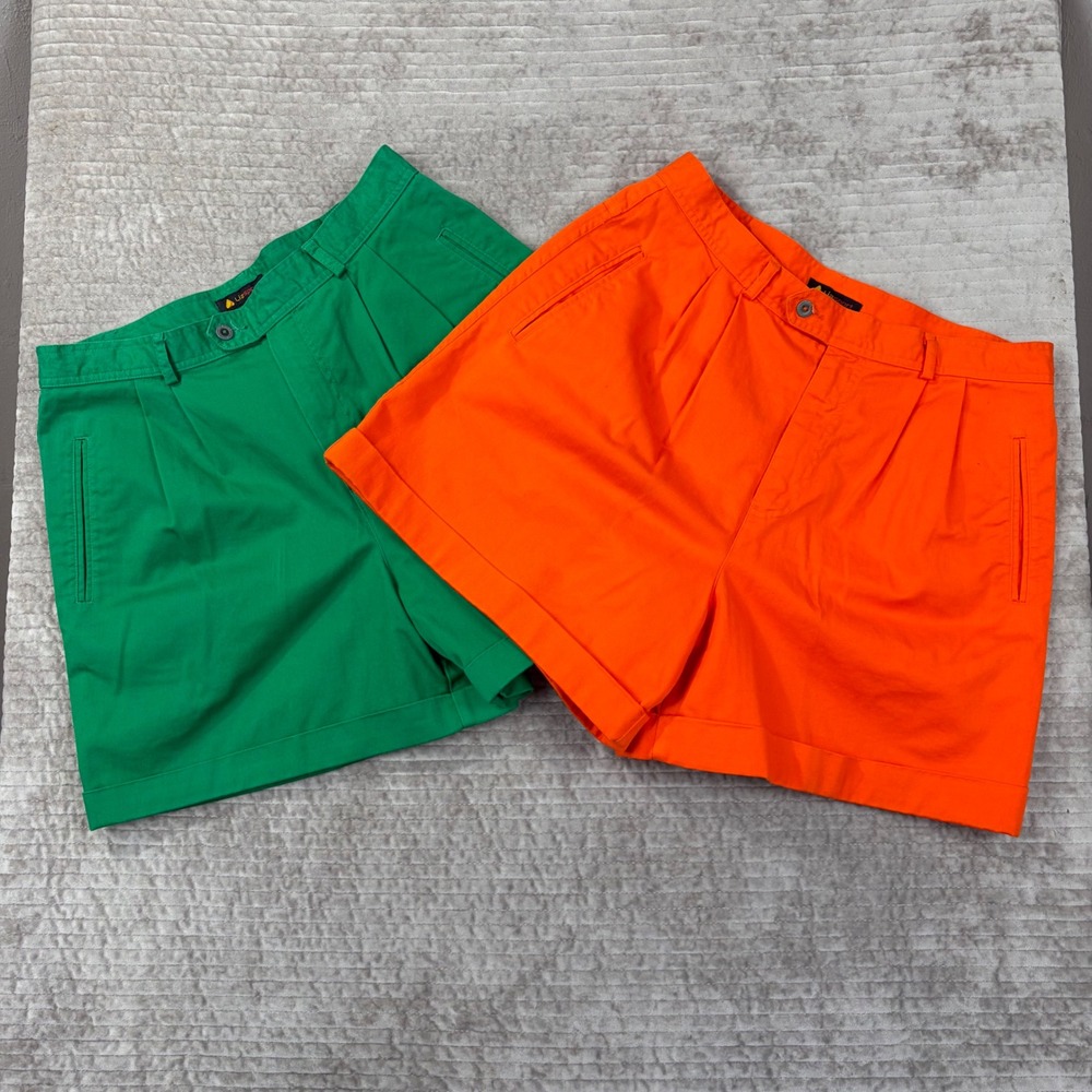 LizSport Womens Pleated Shorts Size 14 Bundle Orange Green High Rise Cotton‎ 2pk